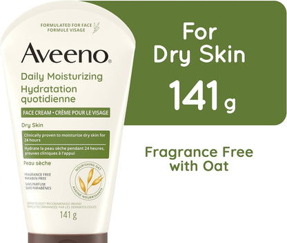 Aveeno 每日保湿面霜，面部和颈部保湿霜，干性皮肤，非转基因燕麦，不含防腐剂，无香料，141 克