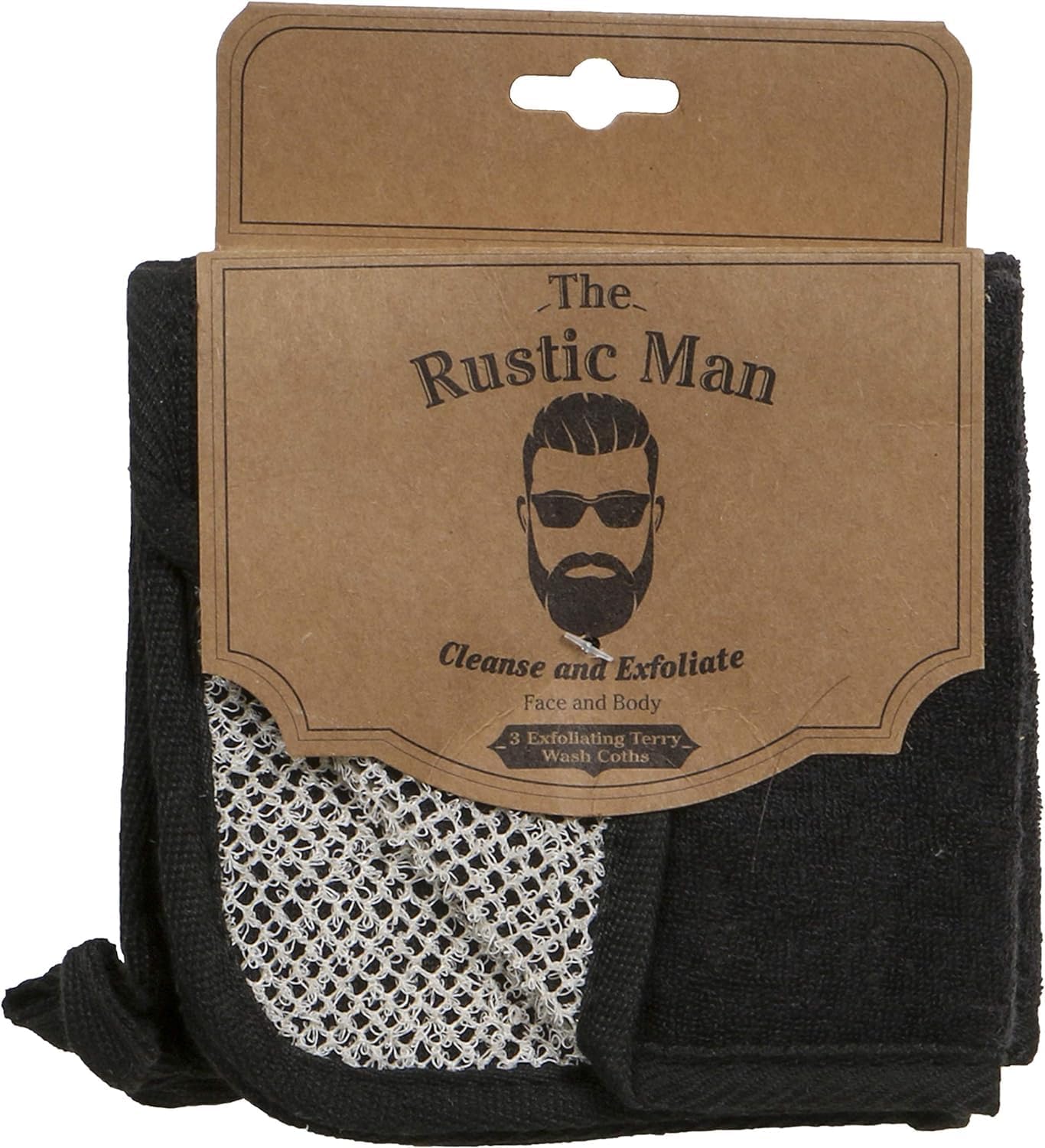 Rustic Man 面部和身体清洁毛巾，去角质毛巾，黑色，3 片装