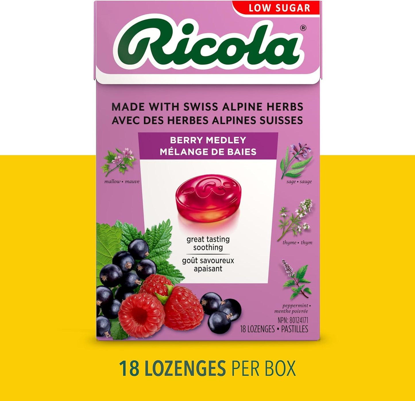 Ricola Berry Medley Throat Drops, 18 Count Box, Delicious Throat Relief & Care, Oral Anesthetic, Naturally Flavored