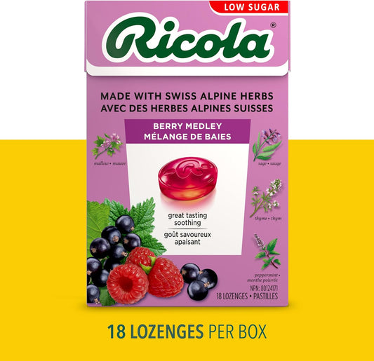 Ricola Berry Medley Throat Drops, 18 Count Box, Delicious Throat Relief & Care, Oral Anesthetic, Naturally Flavored