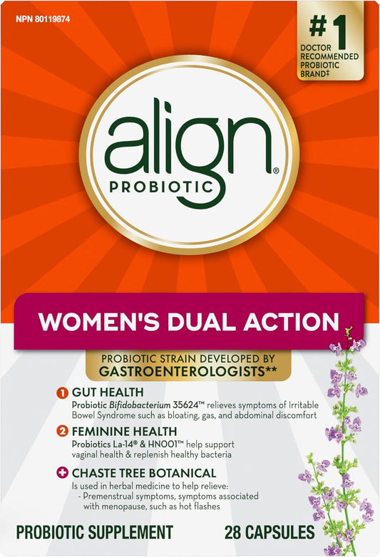 Align Probiotic，女性双效多菌株益生菌，含圣洁莓，舒缓偶发性腹部不适、胀气、腹胀，28粒胶囊