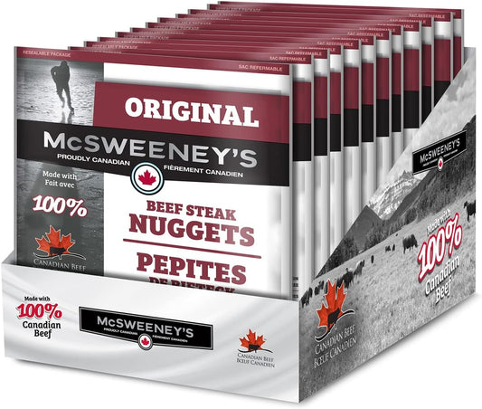McSweeney's Original Beef Steak Nuggets Box. 100% Made in Canada, High Protein Snacks, Gluten Free, Low Fat, Meat Snacks, Naturally Smoked, Shelf Stable, Bulk Case 85g (Pack of 12)