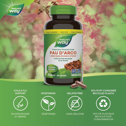 Nature's Way 保哥樹皮內皮膠囊 - 緩解喉嚨痛和感冒 - 成人草本補充劑 - 非基因改造認證 - 180 粒素食膠囊，超值裝