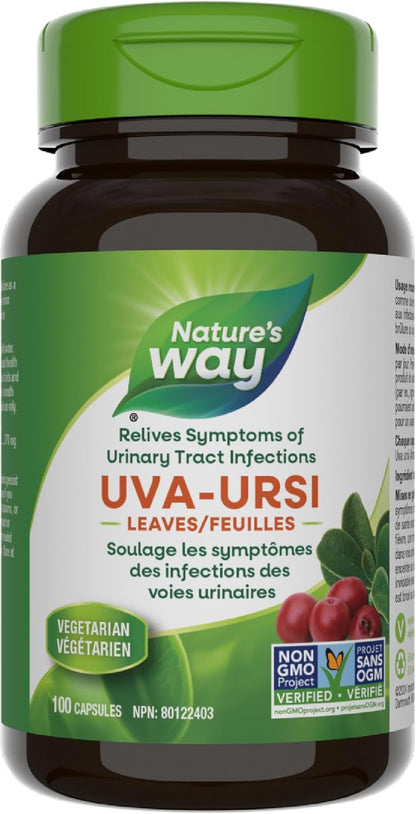 Nature's Way 熊果葉 - 溫和利尿 - 有助於緩解泌尿道感染症狀，100 粒素食膠囊，每粒含 370 毫克熊果葉，經非基因改造計畫驗證
