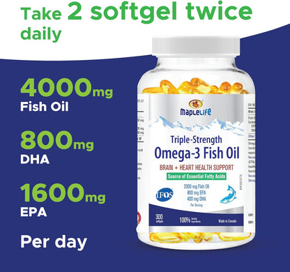 MapleLife Nutrition® - 三重强度 - Omega-3 鱼油 - 大脑 + 心脏健康 - 必需脂肪酸 - DHA、EPA - 鱼油软胶囊 2000 毫克 - 300 粒软胶囊