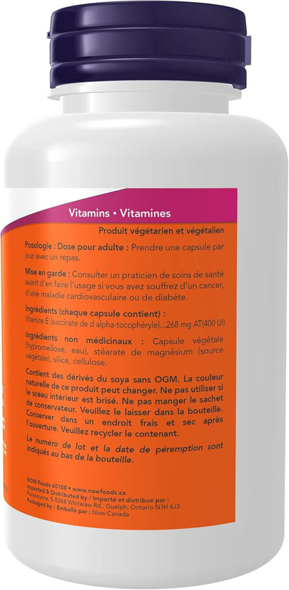 NOW Supplements，维生素 E-400 IU D-α 生育酚，干性，抗氧化保护*，100 粒素食胶囊