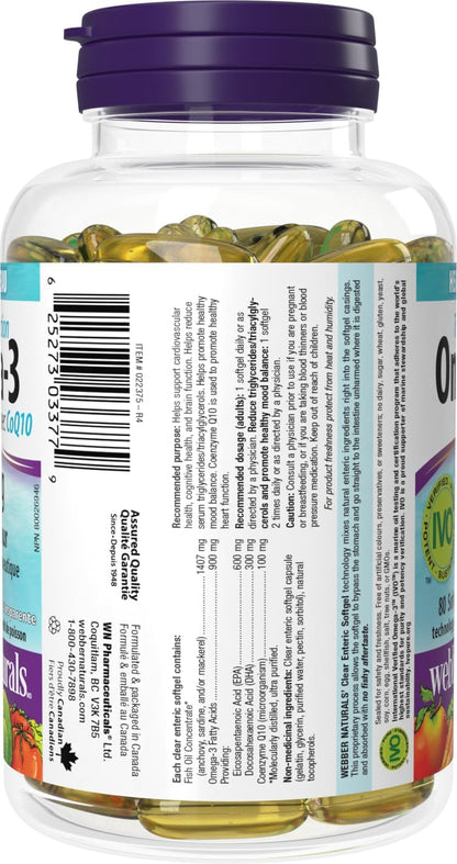 Webber Naturals Omega-3 輔酶 Q10，80 粒透明腸溶軟膠囊，無魚腥味，支持心血管健康和大腦功能