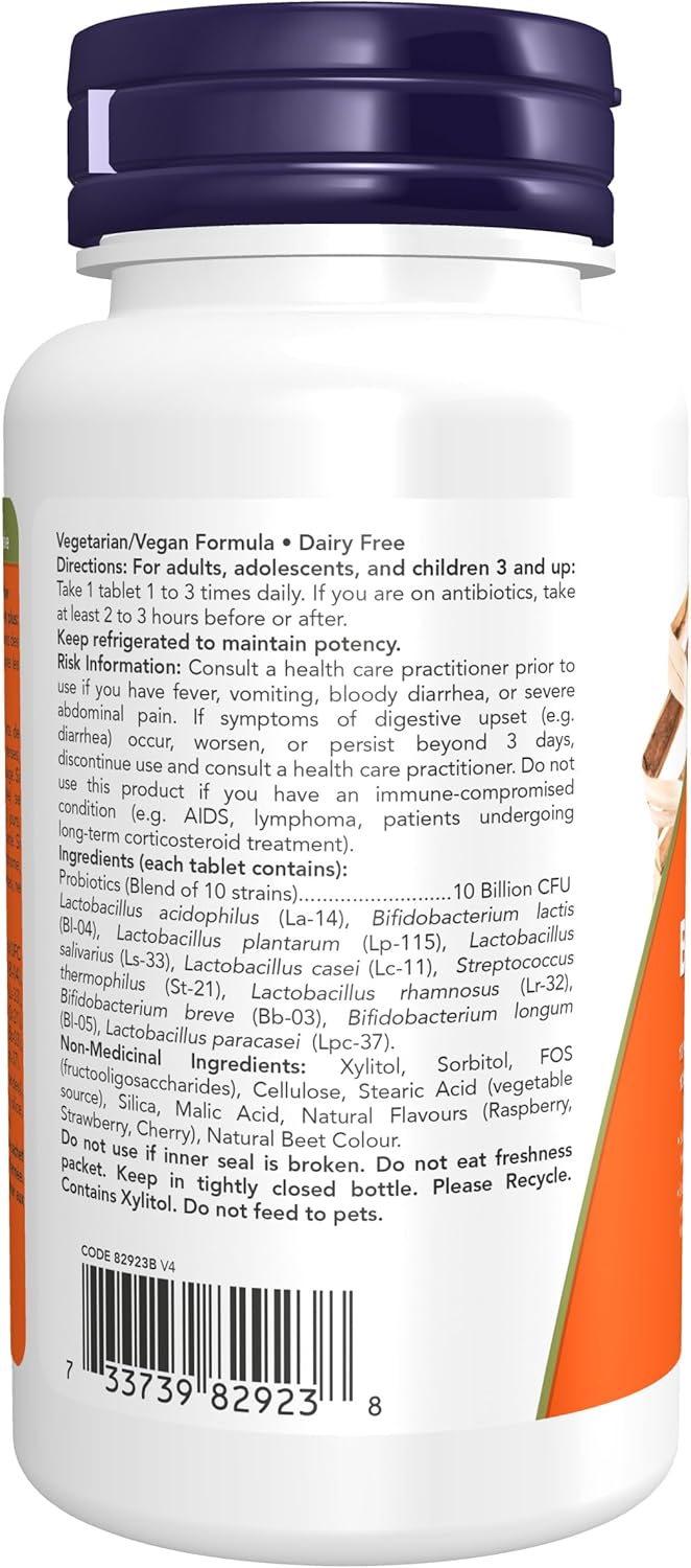 NOW Supplements，BerryDophilus™，专为成人和儿童开发，含 10 种益生菌菌株，超强效，菌株验证，50 粒咀嚼片