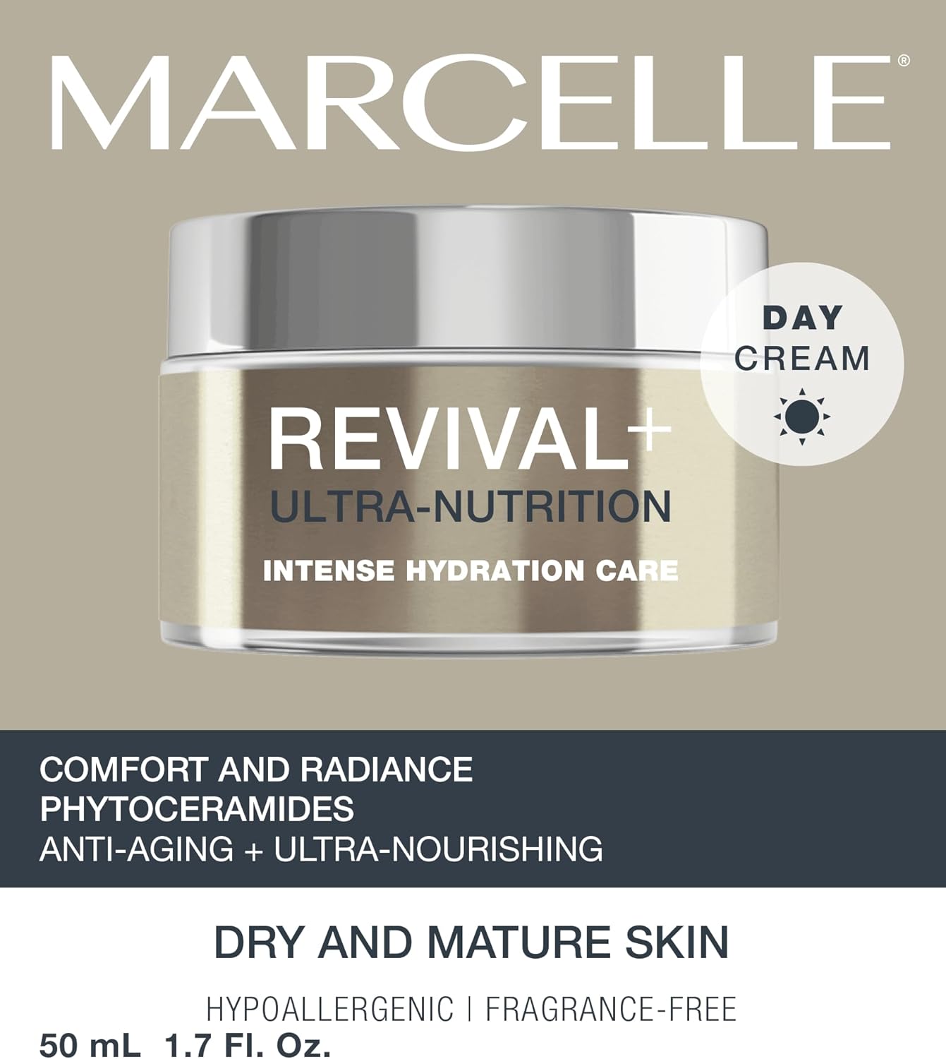 Marcelle Revival+ Ultra-Nutrition Anti-Aging Day Cream, Dry Skin, Mature Skin 55+, Intensely Nourishing, Comfort & Radiance, Cruelty-Free, Vegan, Hypoallergenic, Paraben-Free, Fragrance-Free, 50 mL