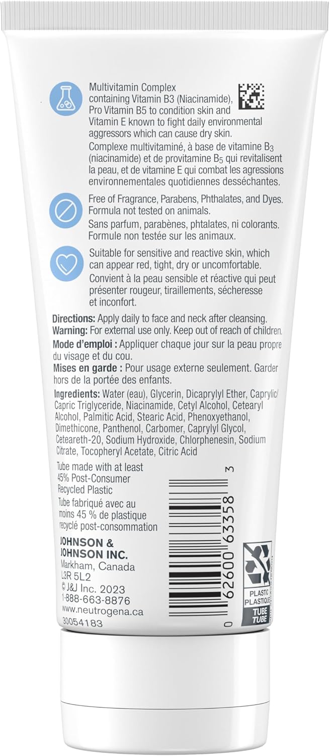 Neutrogena Fragrance Free Daily Facial Moisturizer, Face & Neck Moisturizer for Sensitive Skin with Vitamin B3, Pro-Vitamin B5 & Vitamin E Supports Skin's Dynamic Barrier, 100ml