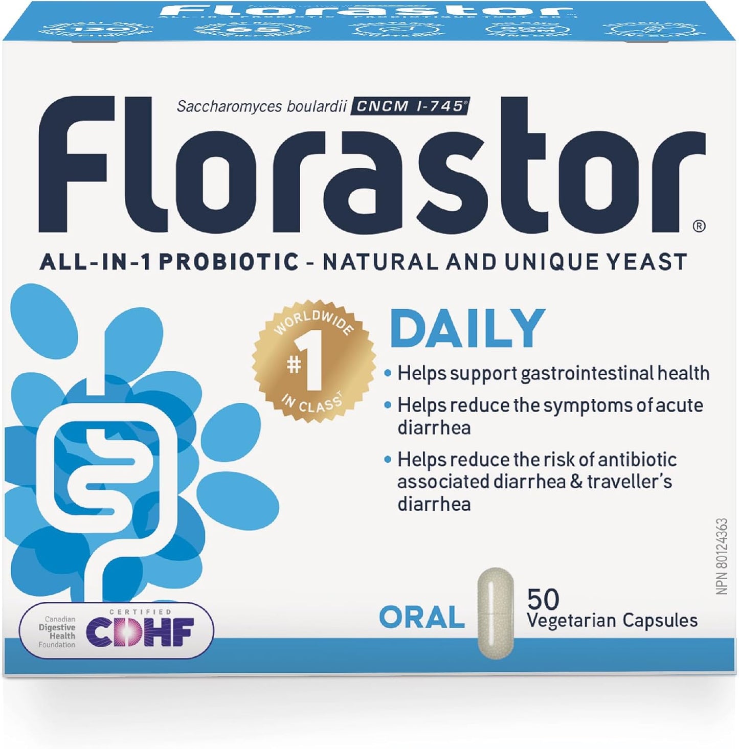 Florastor - 布拉氏酵母菌 CNCM I-745 - 每日多效合一益生菌 - 腸道健康和消化支持 - 支持免疫系統 - 全球同類益生菌第一名 - 成人及家庭適用 50 粒膠囊