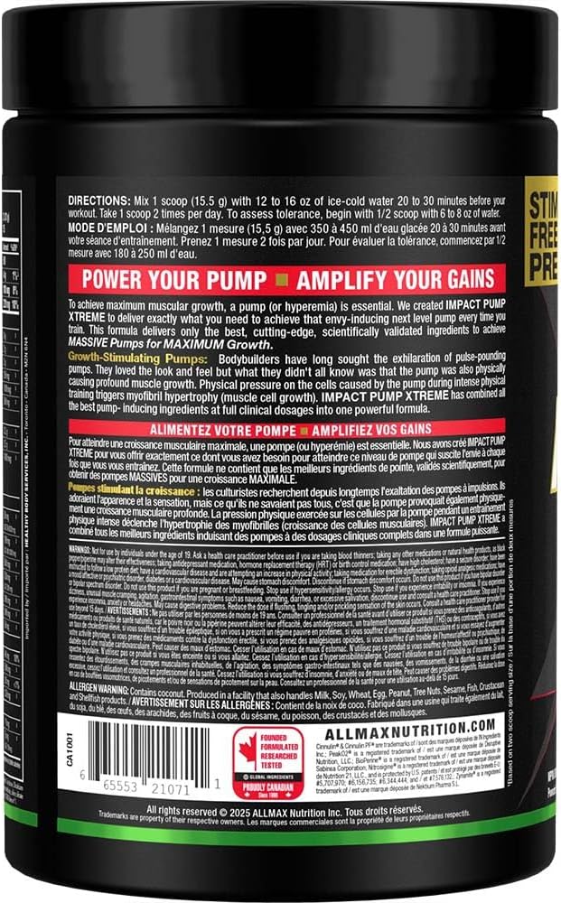 ALLMAX Nutrition Impact Pump Xtreme，酸味軟糖 - 465 克 - 無刺激性運動前配方 - 支持泵血、耐力和補水 - 最多 30 份