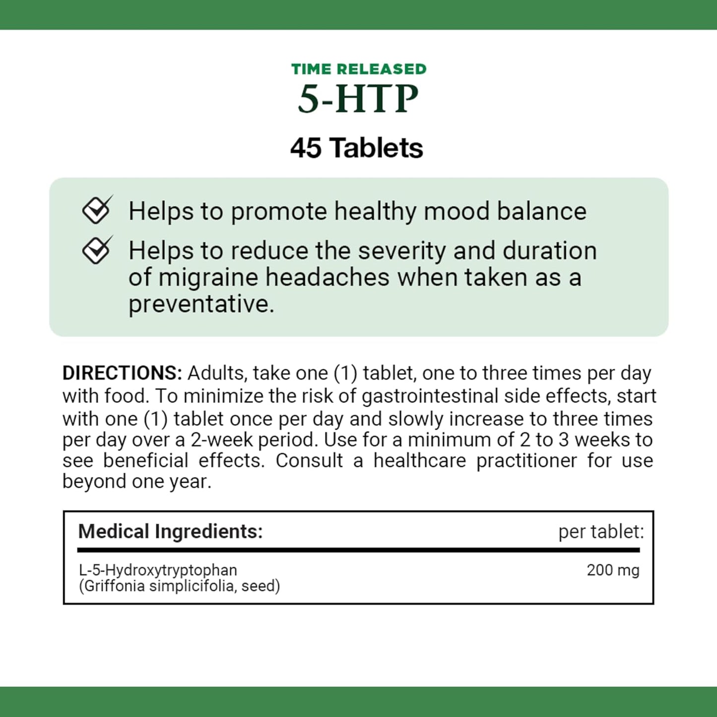 自然之寶 5-HTP 緩釋片 200 毫克，有助於促進健康情緒平衡，作為預防藥物服用時有助於減輕偏頭痛的嚴重程度和持續時間，片劑，22.6 克