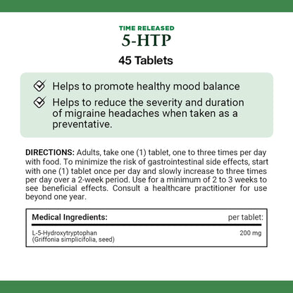 自然之寶 5-HTP 緩釋片 200 毫克，有助於促進健康情緒平衡，作為預防藥物服用時有助於減輕偏頭痛的嚴重程度和持續時間，片劑，22.6 克