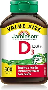 Jamieson 維生素 D3 1000 國際單位片，支持免疫健康，強健骨骼和牙齒，增強鈣和磷的吸收。素食，非基因改造，無麩質，每日一片，500 片，加拿大製造