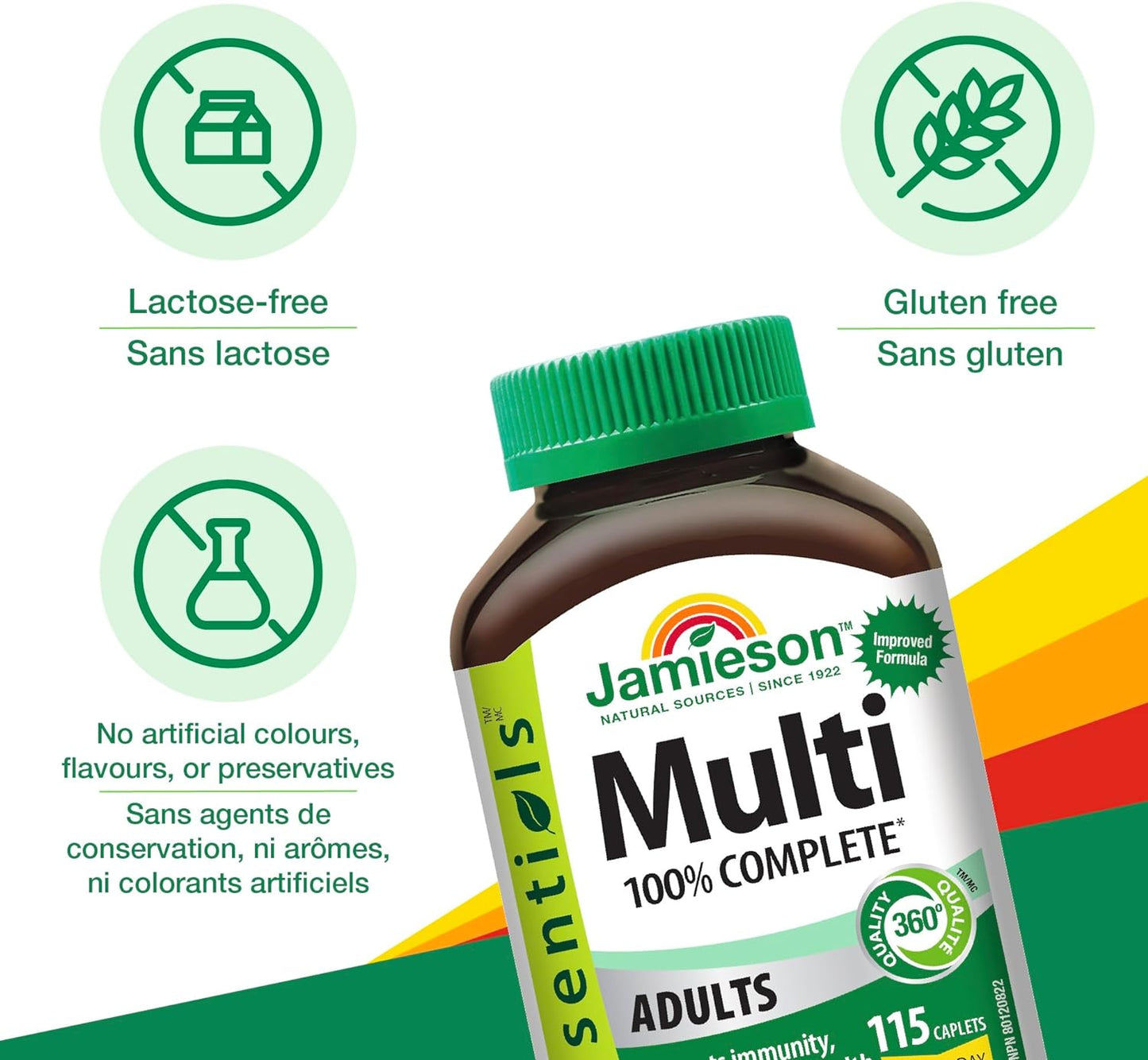 Jamieson 100% 成人複合維生素，含葉黃素、鈣和生物素。支持免疫力、能量和整體健康，富含抗氧化劑，無麩質，每日一片，115 粒膠囊