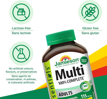 Jamieson 100% 成人複合維生素，含葉黃素、鈣和生物素。支持免疫力、能量和整體健康，富含抗氧化劑，無麩質，每日一片，115 粒膠囊