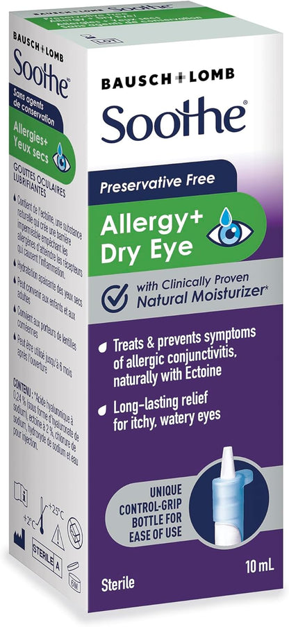 Soothe Preservative Free Eye Drops for Dry Eyes, Allergy Relief for Red, Itching Eyes, 10mL