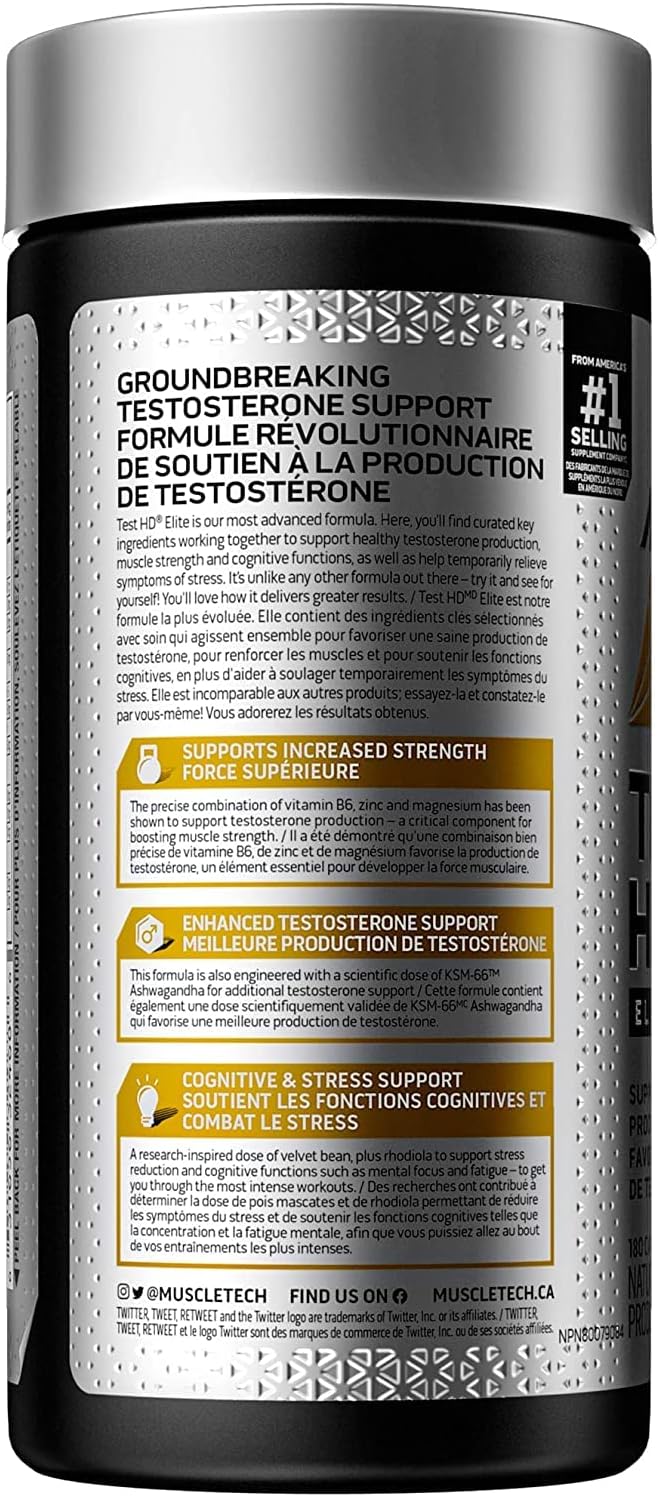 Muscletech 男性睪固酮增強劑、MuscleTech Test HD Elite、男性蒺藜、男性增強力量和睪固酮增強劑、男性硼補充劑，180 粒膠囊（1 包）
