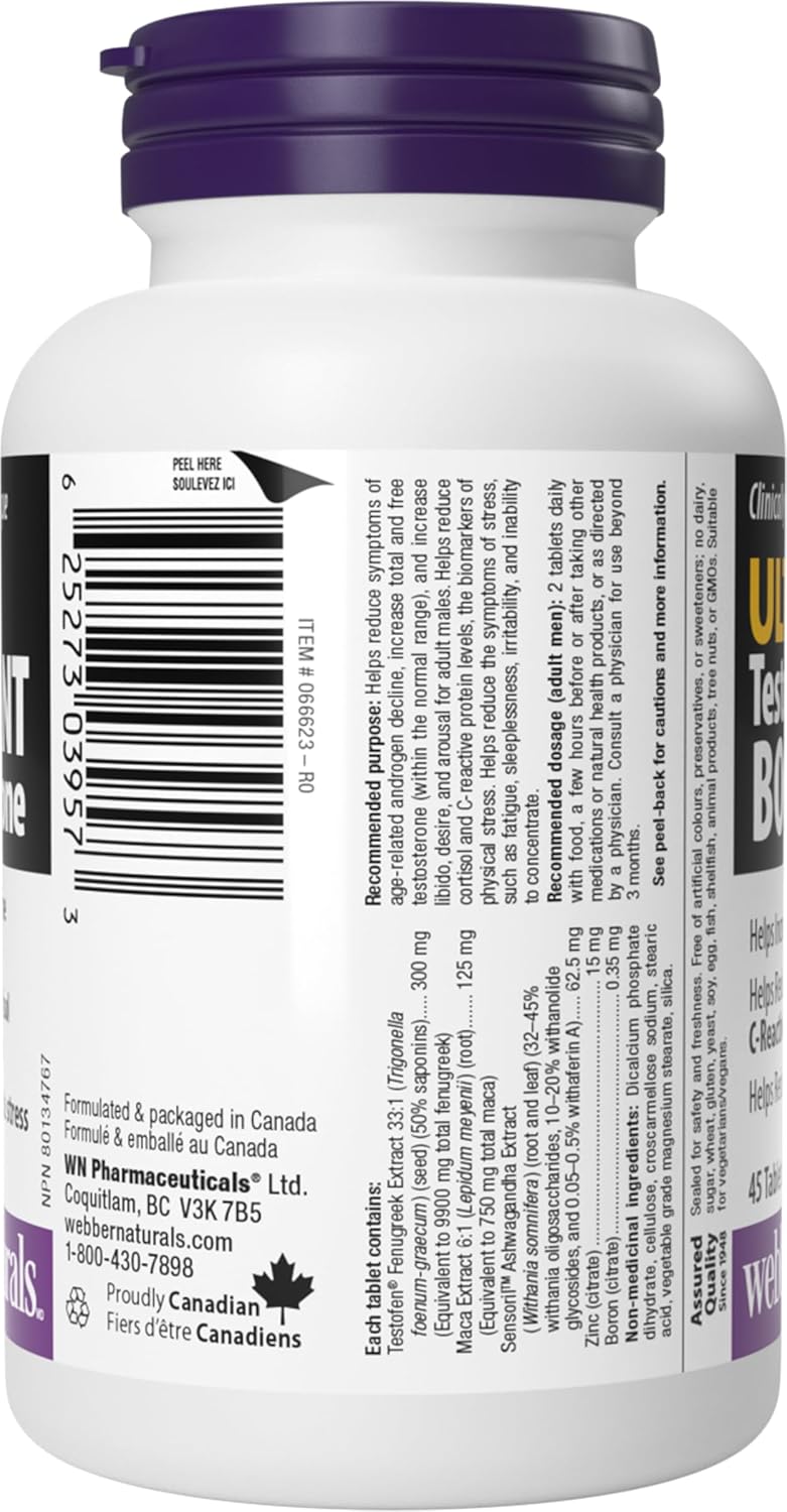Webber Naturals 超级睾酮促进剂，45 片，含 Testofen 胡芦巴、玛卡、南非醉茄、锌和硼，男性健康支持，纯素