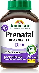 Jamieson 產前 100% 全效複合維生素 + DHA，添加葉酸和鐵。專為產前、產後和哺乳期設計，支持寶寶大腦發育，無麩質，每日一片，60 粒軟膠囊