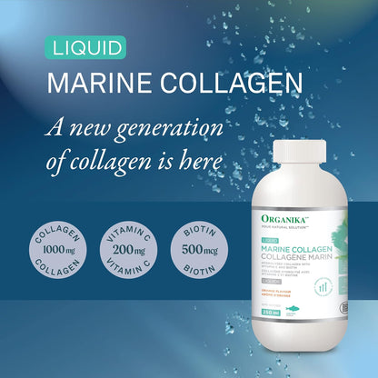 Organika Canadian-Made Liquid Marine Collagen - with Added Vitamin C and Biotin - Orange Flavour- 250ml