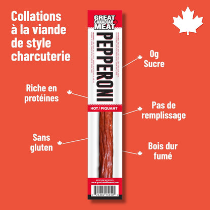 Hot Pepperoni Sticks Box, 18 x 22g Caddies by Great Canadian Meat, Meat Stick Snacks, Bulk Pepperoni Sticks Box for Carnivores. Perfect for Snacking, Gluten Free, High in Protein'
