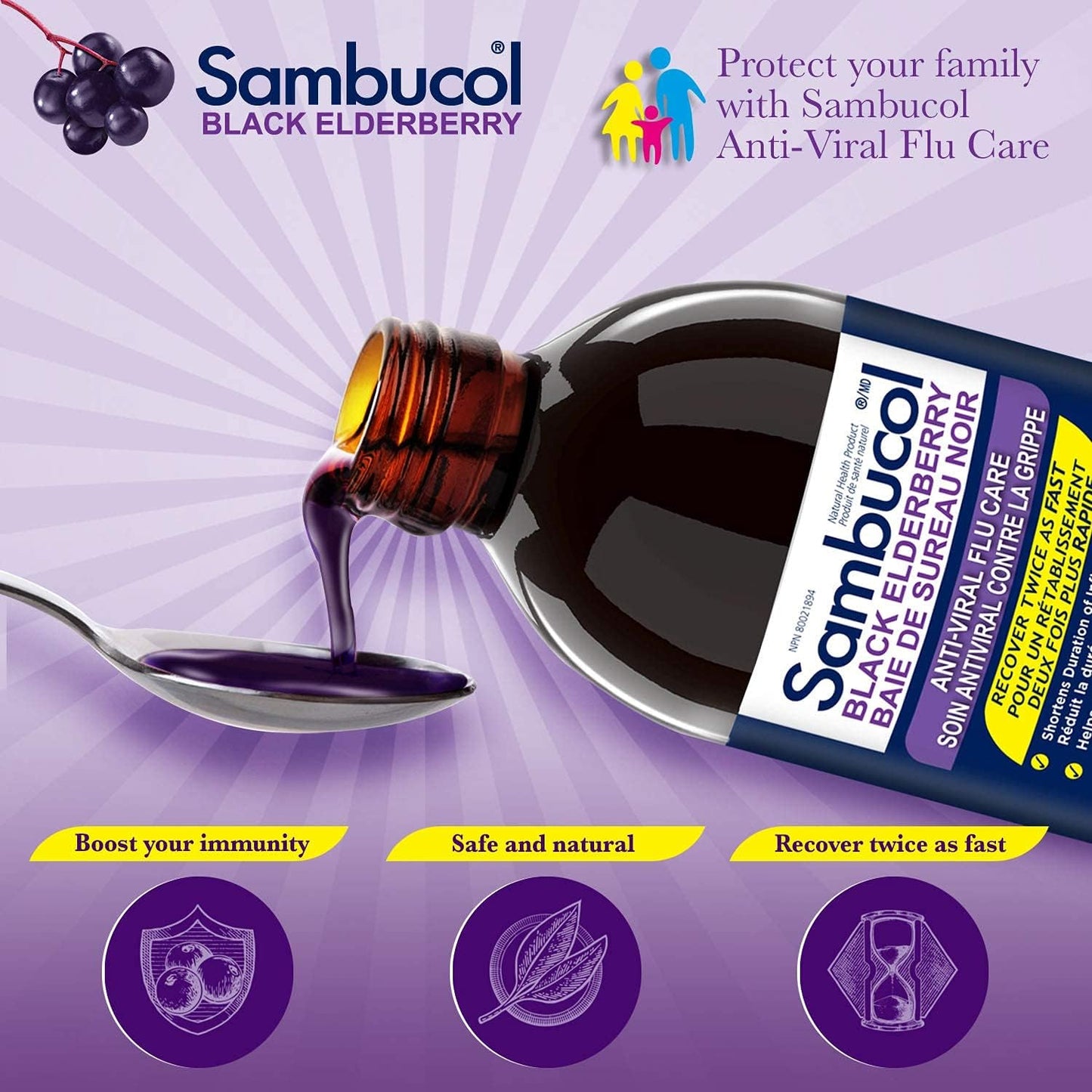 Sambucol Black Elderberry Anti-Viral Flu Care | Quickly Relieves Cold & Flu Symptoms | Immune Support & Antioxidant | Ideal for Families | Syrup, 230 mL, blue