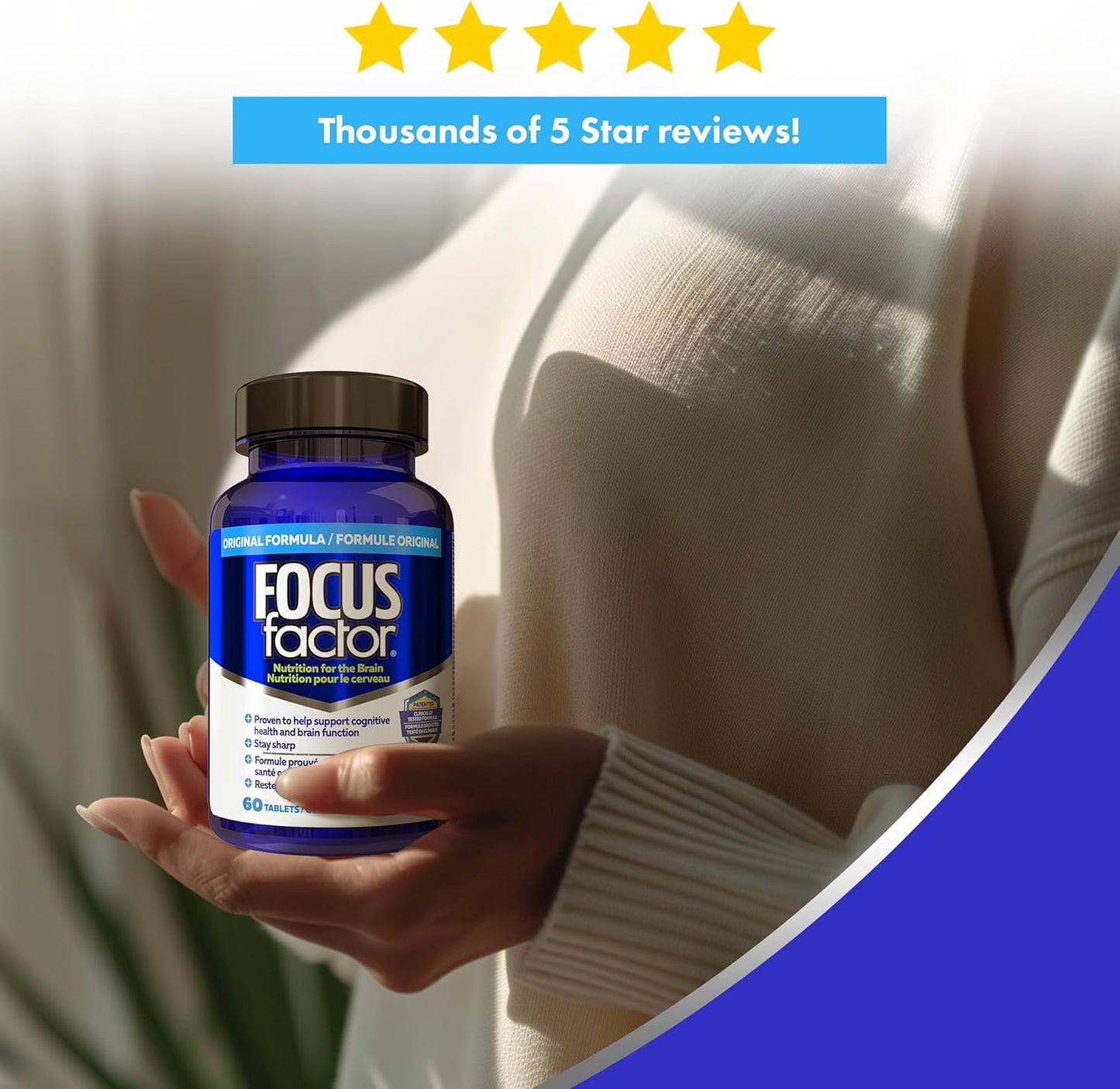 Focus Factor 大腦補充劑和完整複合維生素（60 粒），含鋅、鎂、維生素 B6、B12、D、假馬齒莧和酪氨酸，可改善記憶力、注意力和專注力