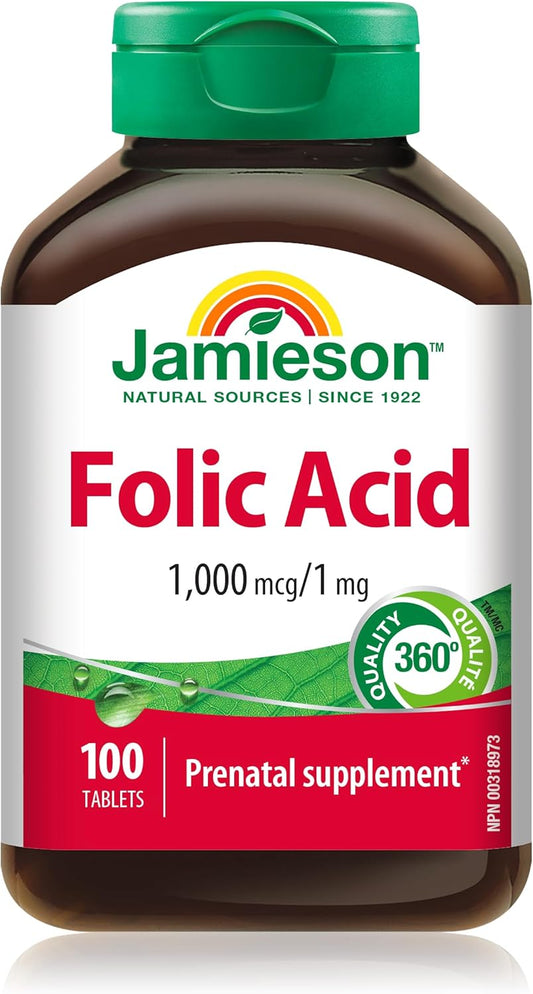 Jamieson Folic Acid 1,000 mcg Tablets, Prenatal Supplement, Supports Normal Fetal Development, Helps Prevent Neural Tube Defects and Produce Red Blood Cells. Vegetarian, Non-GMO, Gluten-Free, 100 Count, Proudly Canadian