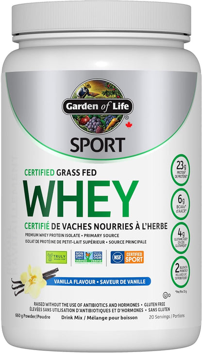 Garden of Life Sport Certified Grass Fed Whey Vanilla, 660 Gram Garden of Life SPORT Certified Grass Fed Whey Protein (Vanilla) for Exercise Support. Rigorously tested, NSF Certified for Sport and Informed Choice certifi…