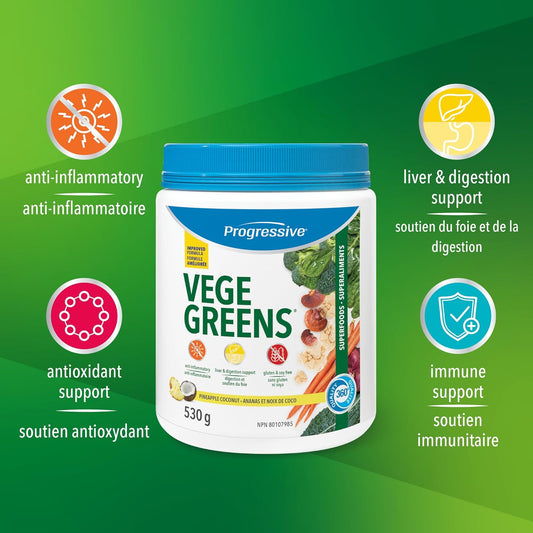 Progressive Vegegreens Pineapple Coconut Flavour 530 g, Anti-Inflammatory plus Liver & Digestion Support