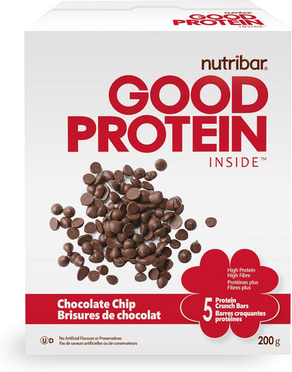 Nutribar Good Protein High Protein Bars Chocolate Chip, Made in Canada, 12g Protein, 5 Bars