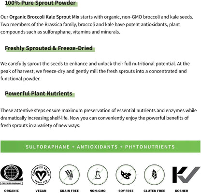 Sprout Living 西蘭花和羽衣甘藍有機芽菜混合物，冷凍乾燥超級食品綠色粉，100% 純素，純素，非基因，無麩質（4 盎司，32 份）