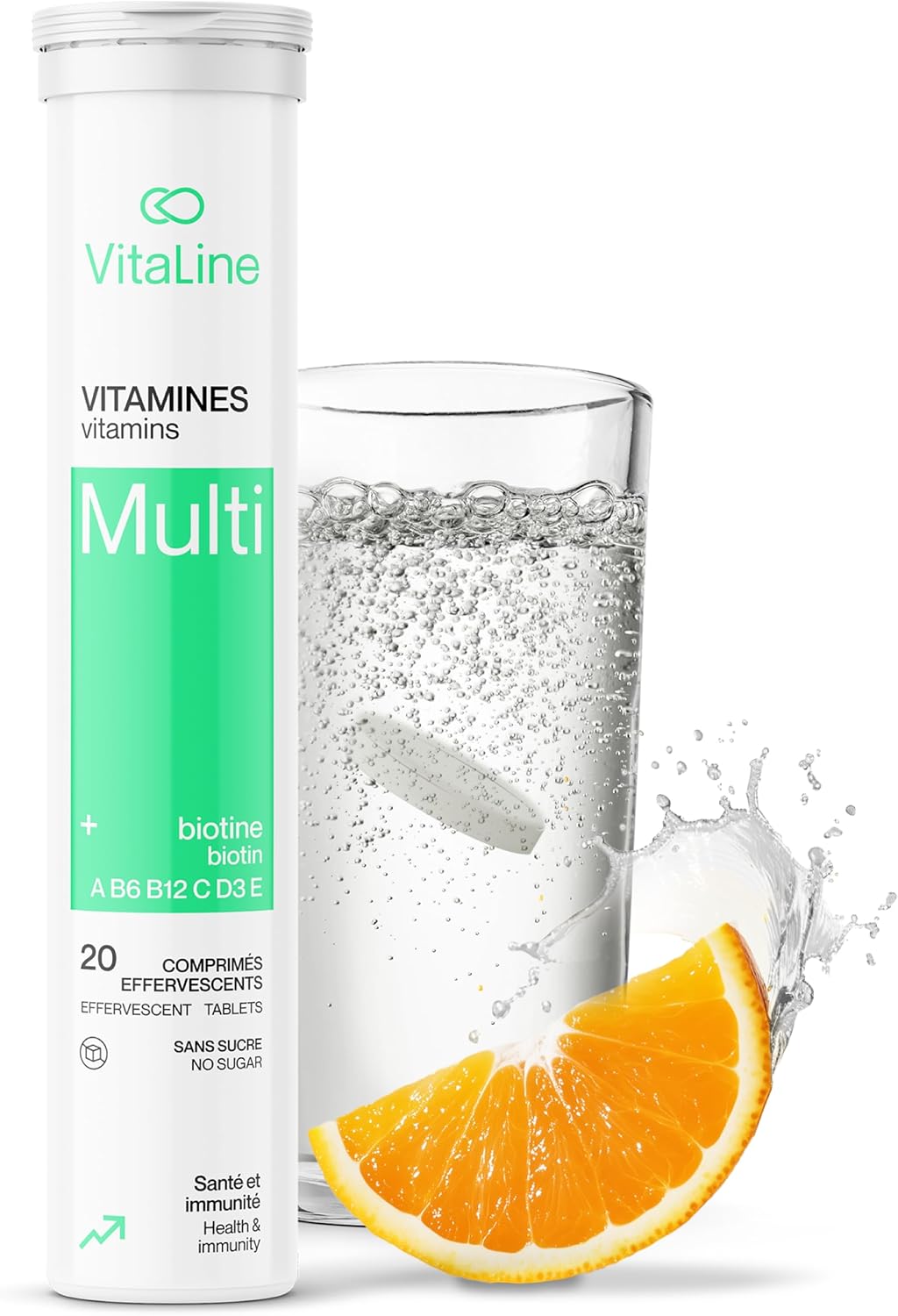 Vitaline 每日多種維生素補充劑，含生物素，適合男性和女性 - 維生素 A、C、E、B1、B2、B5、B6、B12、D3、葉酸和 β-胡蘿蔔素 - 橙子味，20 片泡騰片