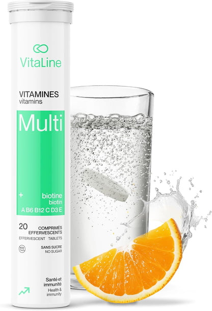 Vitaline 每日多種維生素補充劑，含生物素，適合男性和女性 - 維生素 A、C、E、B1、B2、B5、B6、B12、D3、葉酸和 β-胡蘿蔔素 - 橙子味，20 片泡騰片