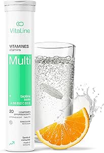 Vitaline 每日多種維生素補充劑，含生物素，適合男性和女性 - 維生素 A、C、E、B1、B2、B5、B6、B12、D3、葉酸和 β-胡蘿蔔素 - 橙子味，20 片泡騰片