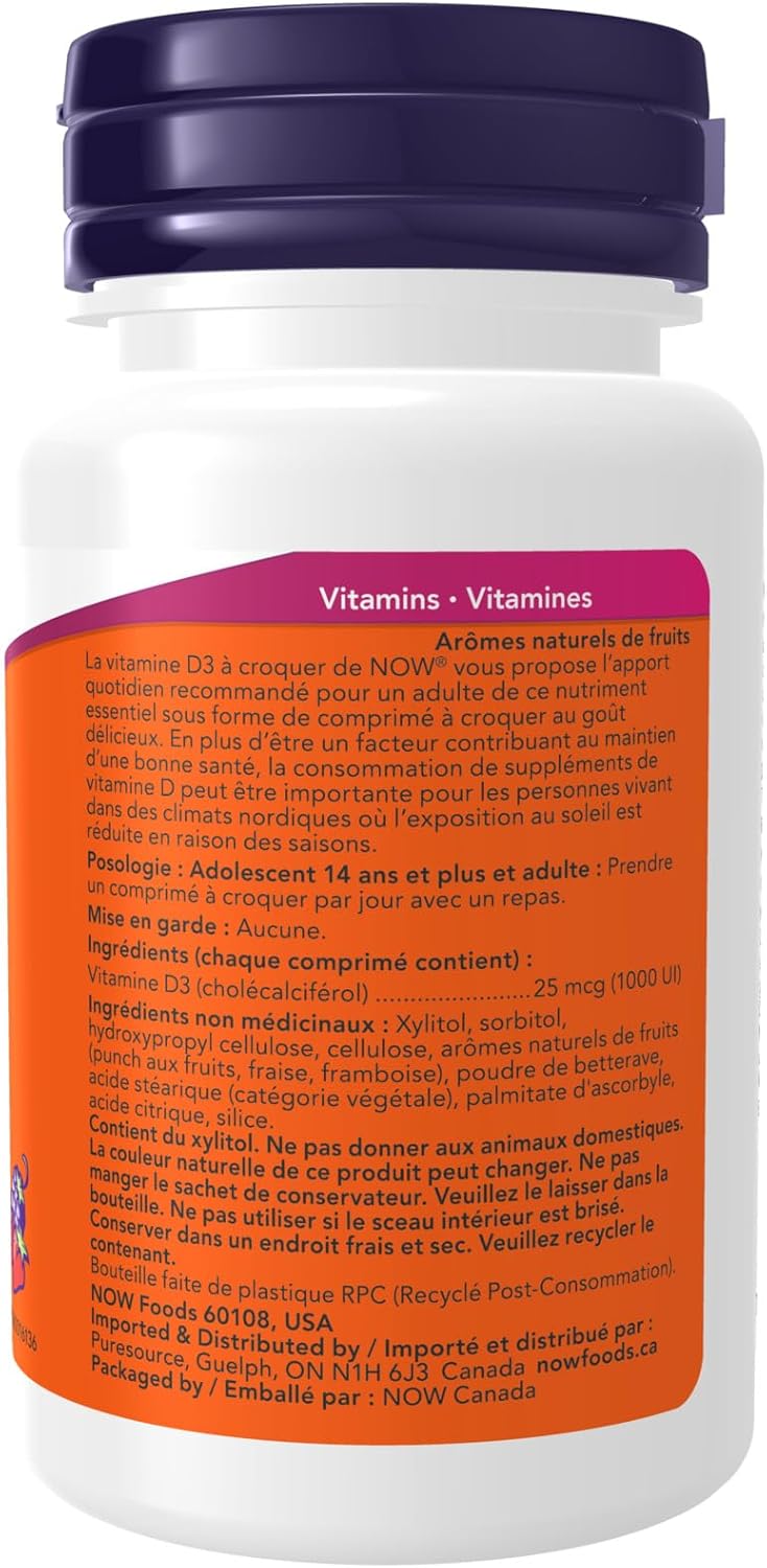 NOW Supplements，维生素 D-3 1,000 IU，天然水果味，结构支持，180 粒咀嚼片