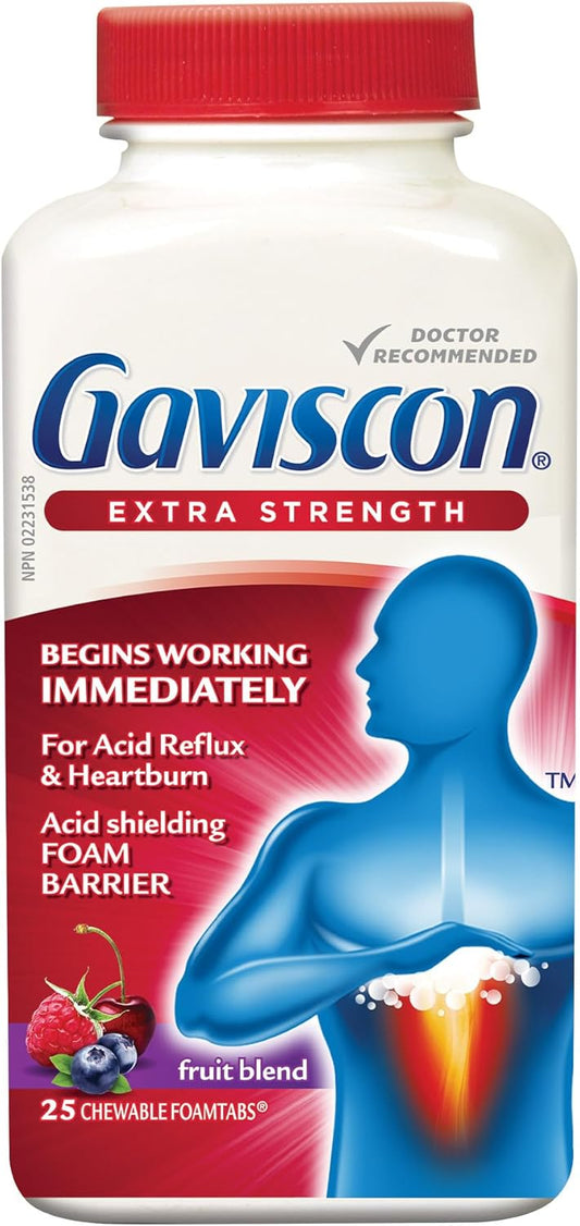 Gaviscon 強效片劑 - 25 片 - 可咀嚼的泡沫抗酸片，用於日夜緩解胃灼熱、胃酸倒流和胃食道逆流症，水果混合物 - 不含鋁、乳糖和麩質