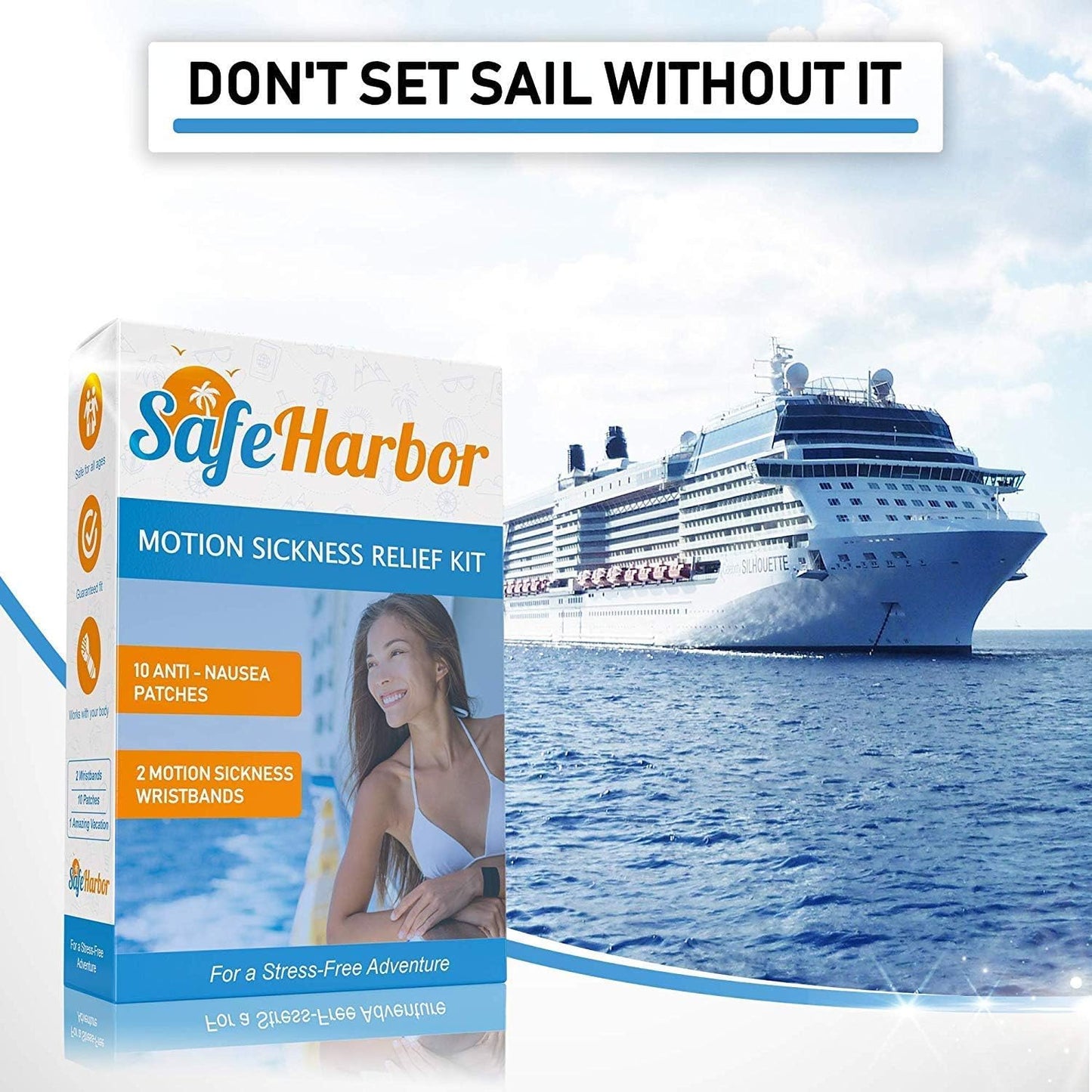 SafeHarbor Motion Sickness Relief and Anti Nausea Kit for Your Cruise Essentials | 2 Motion Sickness Bands 10 Natural + Herbal Relief Patches| Works for Children and Adults | Helpful E-Book Included