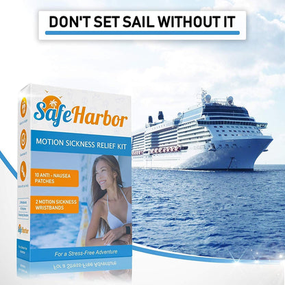 SafeHarbor Motion Sickness Relief and Anti Nausea Kit for Your Cruise Essentials | 2 Motion Sickness Bands 10 Natural + Herbal Relief Patches| Works for Children and Adults | Helpful E-Book Included