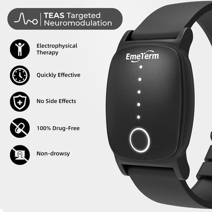 EmeTerm Explore Galaxy Black FDA Cleared Anti-Nausea Wristband IP67 Waterproof Morning Motion Travel Sickness Vomit Relief Rechargeable Classic Strap Design No Gel Drug Free Without Side Effects