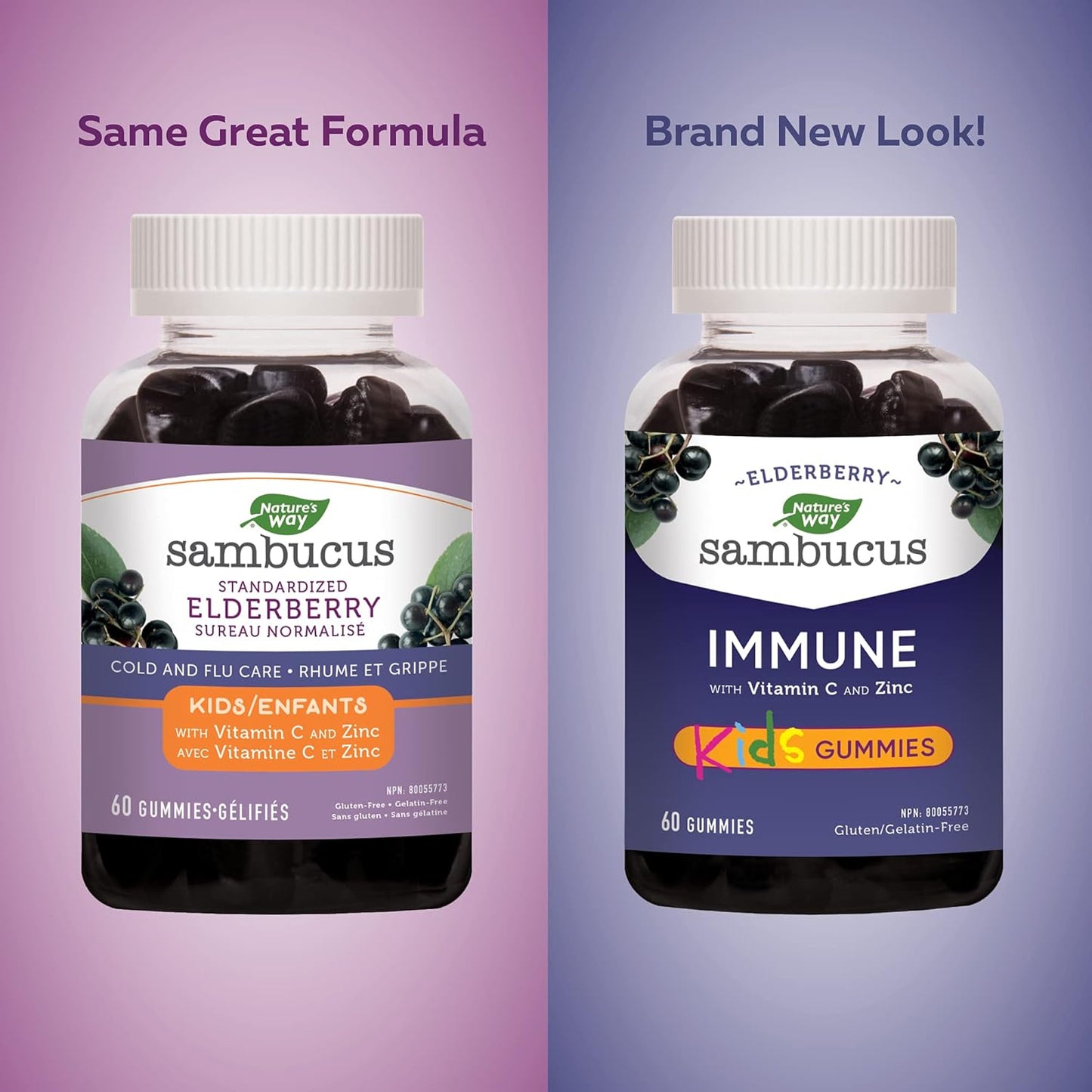 Nature's Way 接骨木免疫感冒和流感護理接骨木軟糖，維生素 C 和鋅，4 歲以上兒童適用；以及接骨木免疫原味感冒和流感護理接骨木軟糖，維生素 C 和鋅，成人和 4 歲以上兒童適用