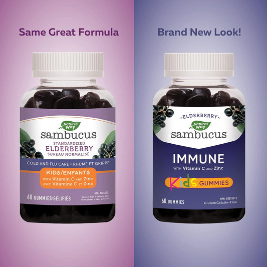 Nature's Way 接骨木免疫感冒和流感護理接骨木軟糖，維生素 C 和鋅，4 歲以上兒童適用；以及接骨木免疫原味感冒和流感護理接骨木軟糖，維生素 C 和鋅，成人和 4 歲以上兒童適用