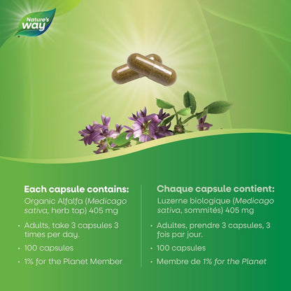 Nature's Way 苜蓿叶，提供抗氧化剂，有助于维持整体健康和福祉，100 粒素食胶囊