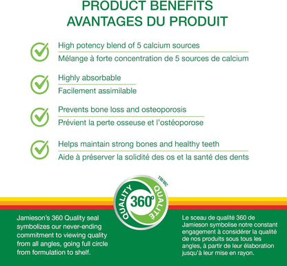 Jamieson Mega Cal Calcium 650 mg Caplets, Combines 5 Forms of Calcium, Helps Prevent Bone Loss and Osteoporosis, Supports Bone and Teeth Health. Vegetarian, Gluten-Free, 120 Caplets, Proudly Canadian