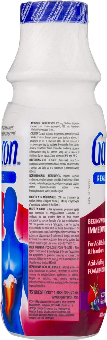 Gaviscon Liquid Regular Strength Antacid - 600 ml - Antacid Liquid for Day and Night Heartburn Relief, Acid Reflux and GERD Relief, Fruit Blend - Free of Aluminum, Lactose and Gluten