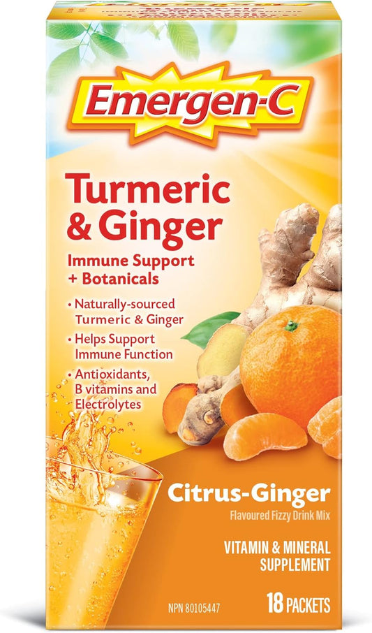 Emergen-C Vitamin C Powder Supplement, Drink Mix with Electrolytes, Turmeric & Ginger Powder, 18 Packets