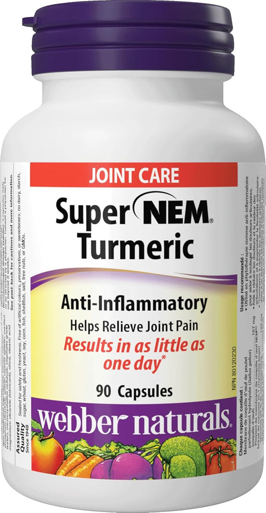 Webber Naturals Super NEM Turmeric, 90 Capsules, Natural Eggshell Membrane for Support of Joint Pain and Stiffness, Non-GMO, Gluten and Dairy Free
