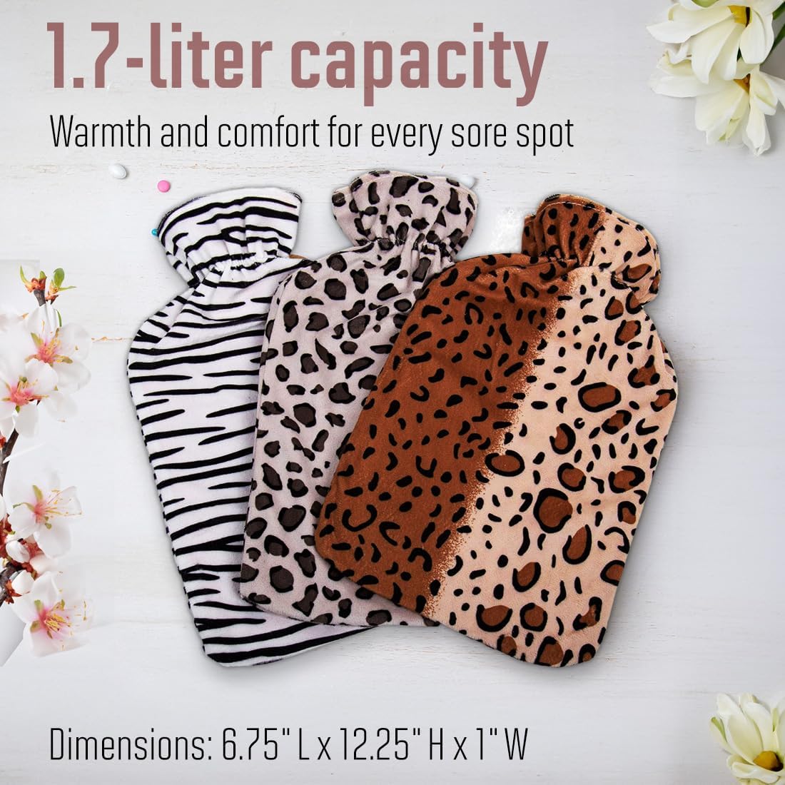 Bodico 热水袋带盖，橡胶加热垫，用于缓解痛经、肌肉疼痛等，秋冬季节热水袋，可爱斑马纹，1.7 升